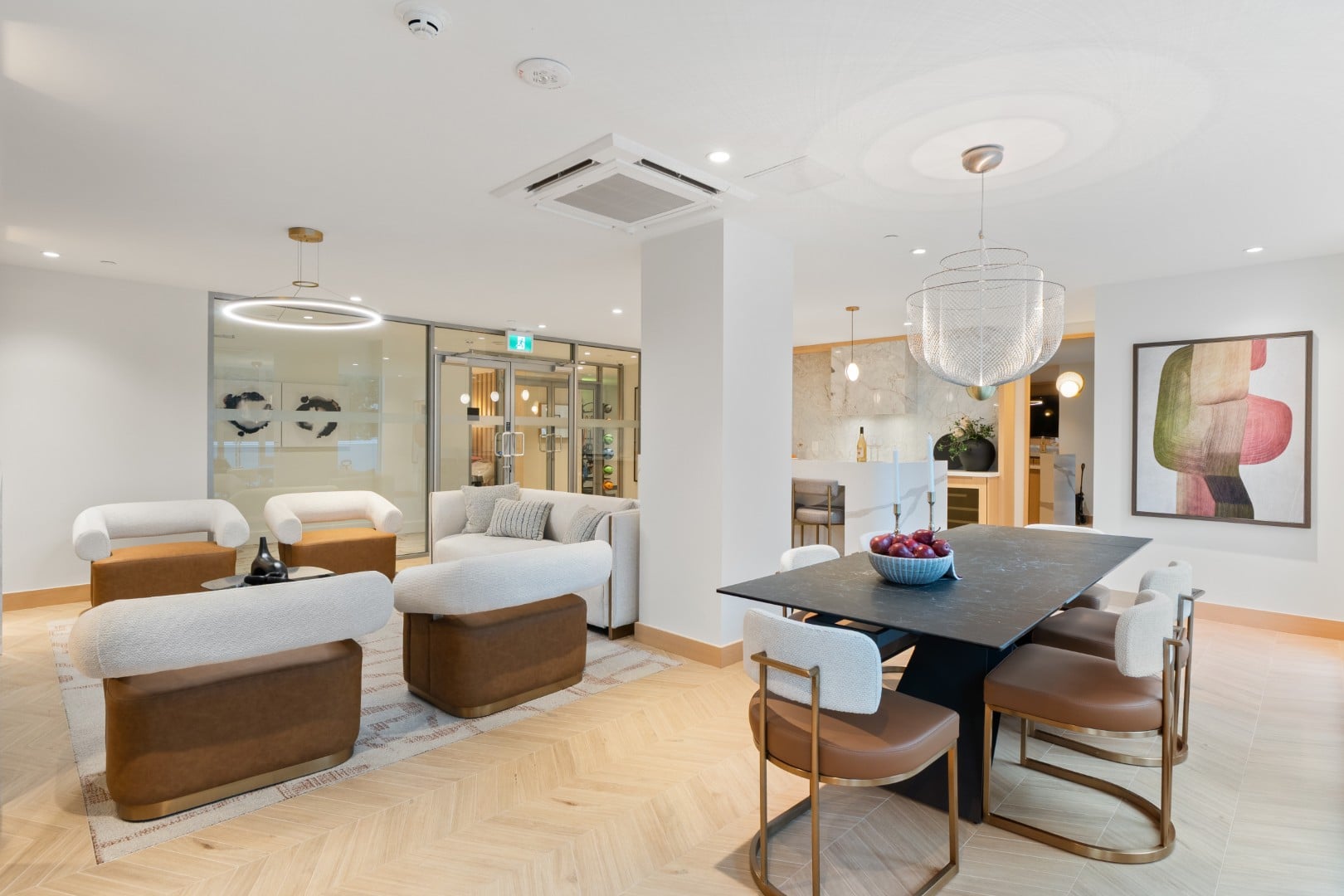 Amenity kitchen and lounge space at beautiful award-winning Monaco in White Rock by Solterra Development.